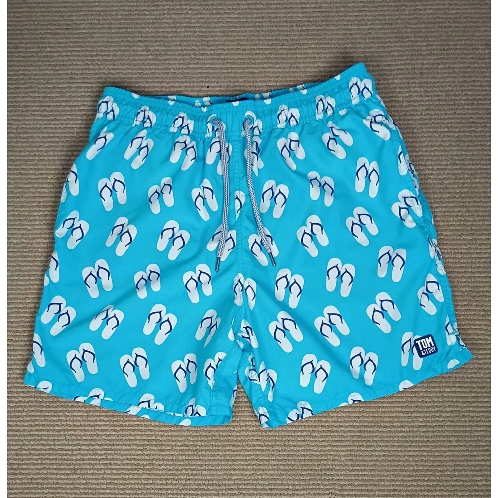 TOM & TEDDY men's flip flop print swim trunks shorts - Scuba Blue Sz M